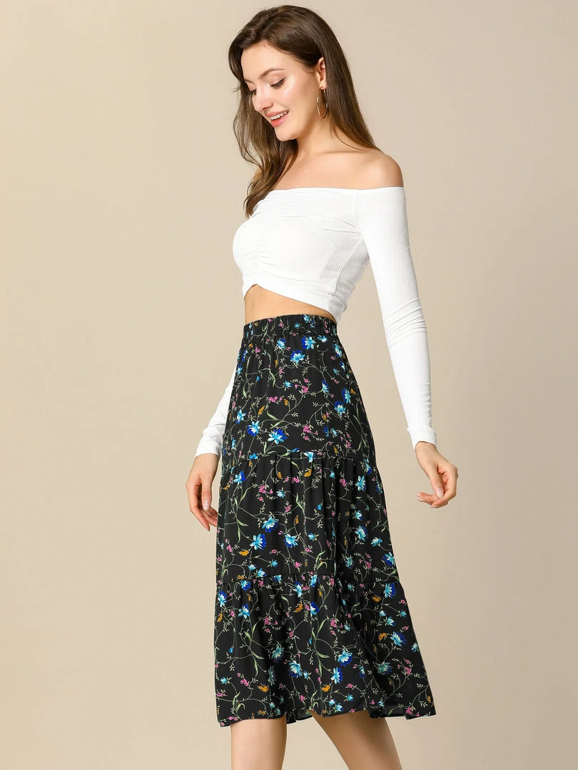 Allegra K Women's Midi Skirts Elastic Waist Floral Tiered Skirt 13 Allegra K Women's Midi Skirts Elastic Waist Floral Tiered Skirt