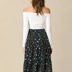 Allegra K Women's Midi Skirts Elastic Waist Floral Tiered Skirt 34 Allegra K Women's Midi Skirts Elastic Waist Floral Tiered Skirt