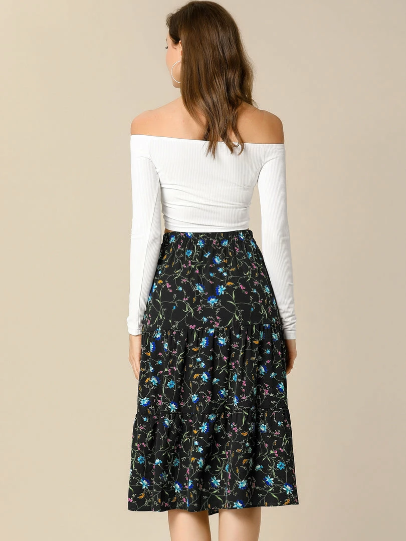 Allegra K Women's Midi Skirts Elastic Waist Floral Tiered Skirt 14 Allegra K Women's Midi Skirts Elastic Waist Floral Tiered Skirt