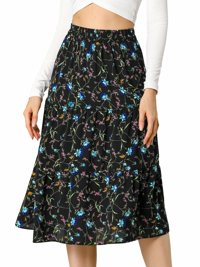 Allegra K Women's Midi Skirts Elastic Waist Floral Tiered Skirt 10 Allegra K Women's Midi Skirts Elastic Waist Floral Tiered Skirt