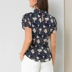 Allegra K Women's Ruffle Neck Tops Frill Trim Short Sleeve Chiffon Floral Print Blouse