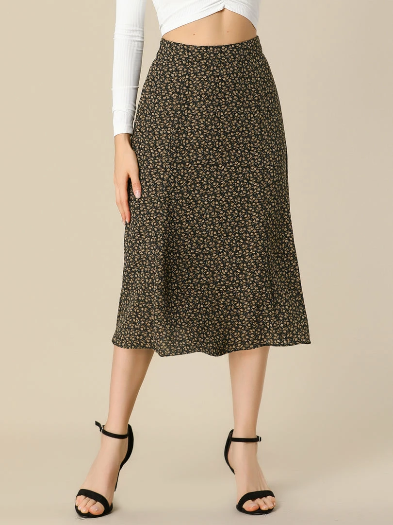 Allegra K Women's Peasant Elastic Waist A-Line Midi Leave Print Skirt 5 Allegra K Women's Peasant Elastic Waist A-Line Midi Leave Print Skirt