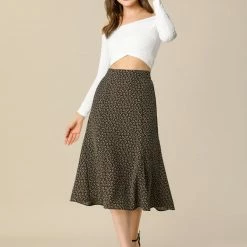 Allegra K Women's Peasant Elastic Waist A-Line Midi Leave Print Skirt 19 Allegra K Women's Peasant Elastic Waist A-Line Midi Leave Print Skirt