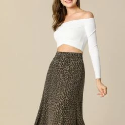 Allegra K Women's Peasant Elastic Waist A-Line Midi Leave Print Skirt 20 Allegra K Women's Peasant Elastic Waist A-Line Midi Leave Print Skirt