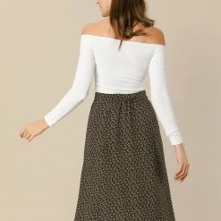 Allegra K Women's Peasant Elastic Waist A-Line Midi Leave Print Skirt 21 Allegra K Women's Peasant Elastic Waist A-Line Midi Leave Print Skirt