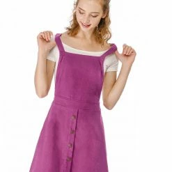 Allegra K Women's Corduroy Button Decor A Line Suspender Overall Skirt Dress