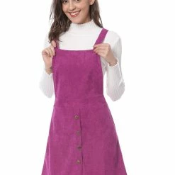 Allegra K Women's Corduroy Button Decor A Line Suspender Overall Skirt Dress