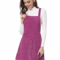 Allegra K Women's Corduroy Button Decor A Line Suspender Overall Skirt Dress