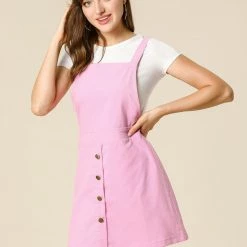 Allegra K Women's Corduroy Button Decor A Line Suspender Overall Skirt Dress