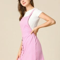 Allegra K Women's Corduroy Button Decor A Line Suspender Overall Skirt Dress