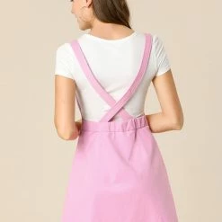 Allegra K Women's Corduroy Button Decor A Line Suspender Overall Skirt Dress