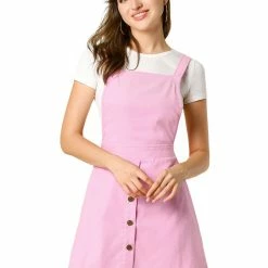 Allegra K Women's Corduroy Button Decor A Line Suspender Overall Skirt Dress