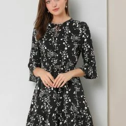 Allegra K Women's Floral Bell 3/4 Sleeves Tie Neck Ruffle Hem Dress