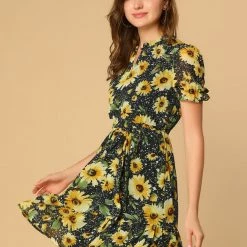 Allegra K Women's Ruffle Collar Split Neck Sunflower Floral Printed Flare Sleeve Tie Waist Belted Dress 21 Allegra K Women's Ruffle Collar Split Neck Sunflower Floral Printed Flare Sleeve Tie Waist Belted Dress