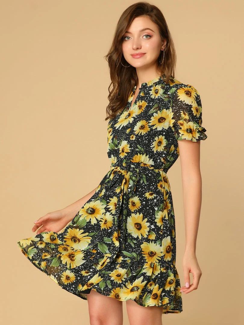 Allegra K Women's Ruffle Collar Split Neck Sunflower Floral Printed Flare Sleeve Tie Waist Belted Dress 10 Allegra K Women's Ruffle Collar Split Neck Sunflower Floral Printed Flare Sleeve Tie Waist Belted Dress