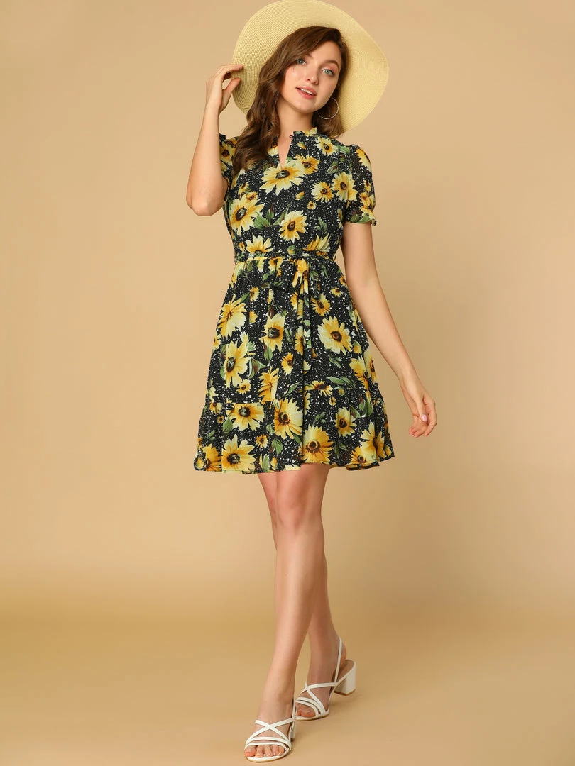 Allegra K Women's Ruffle Collar Split Neck Sunflower Floral Printed Flare Sleeve Tie Waist Belted Dress 11 Allegra K Women's Ruffle Collar Split Neck Sunflower Floral Printed Flare Sleeve Tie Waist Belted Dress