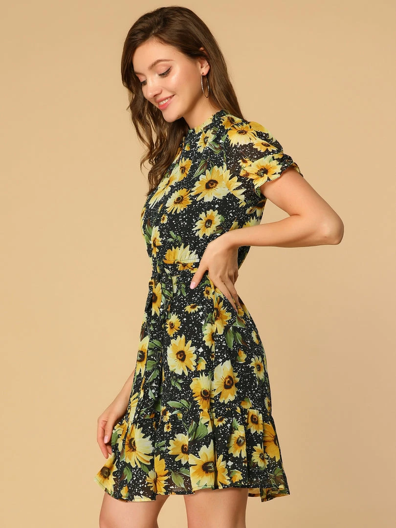 Allegra K Women's Ruffle Collar Split Neck Sunflower Floral Printed Flare Sleeve Tie Waist Belted Dress 12 Allegra K Women's Ruffle Collar Split Neck Sunflower Floral Printed Flare Sleeve Tie Waist Belted Dress