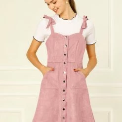 Allegra K Women's Strap Button Down Faux Suede A-Line Mini Overall Dress 81 Allegra K Women's Strap Button Down Faux Suede A-Line Mini Overall Dress