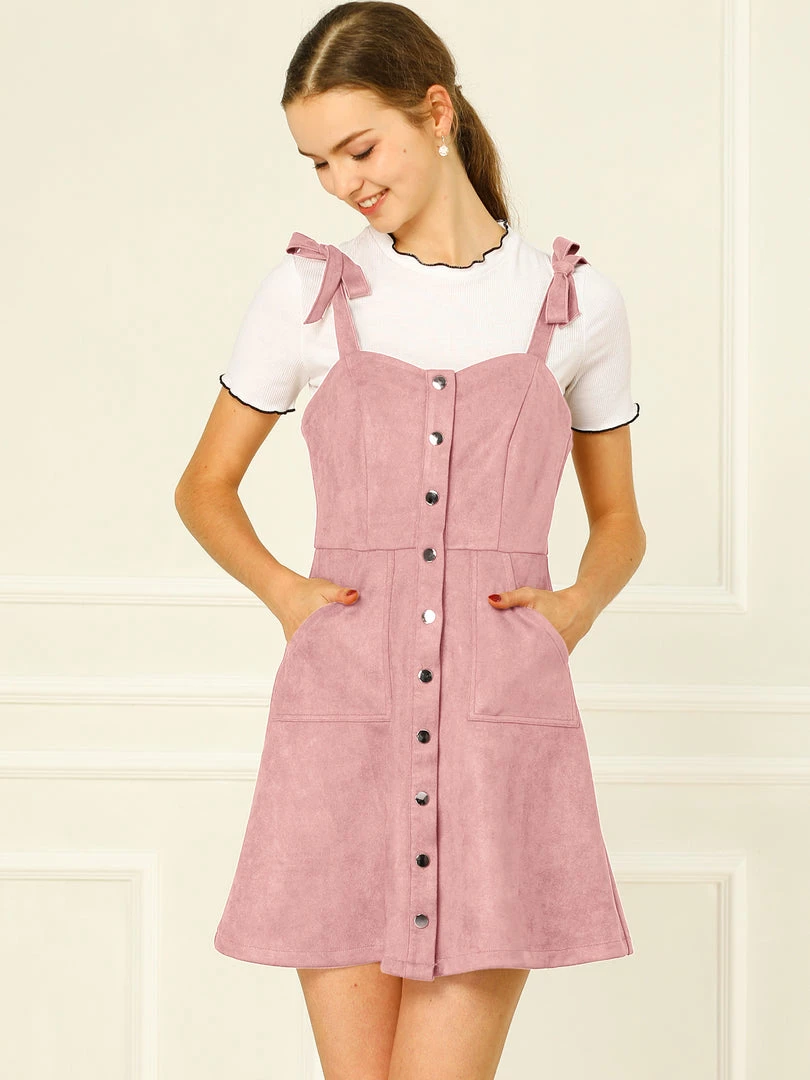 Allegra K Women's Strap Button Down Faux Suede A-Line Mini Overall Dress 28 Allegra K Women's Strap Button Down Faux Suede A-Line Mini Overall Dress