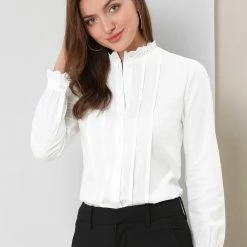 Allegra K Women's Mock Neck Lace Button Up Ruffled Long Sleeve Shirt Blouse