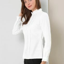 Allegra K Women's Mock Neck Lace Button Up Ruffled Long Sleeve Shirt Blouse