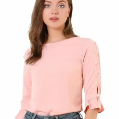 Allegra K Women's Ruffle Sleeve Cuff Split Trim Keyhole Back Button Solid Color Blouse Top