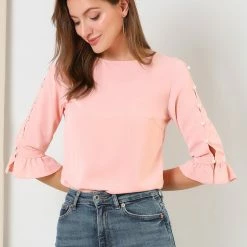 Allegra K Women's Ruffle Sleeve Cuff Split Trim Keyhole Back Button Solid Color Blouse Top