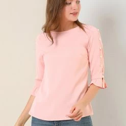 Allegra K Women's Ruffle Sleeve Cuff Split Trim Keyhole Back Button Solid Color Blouse Top