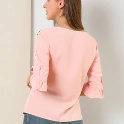 Allegra K Women's Ruffle Sleeve Cuff Split Trim Keyhole Back Button Solid Color Blouse Top