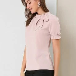 Allegra K Women's Bow Tie Neck Tops Elegant Office Short Sleeve Blouse