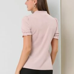 Allegra K Women's Bow Tie Neck Tops Elegant Office Short Sleeve Blouse