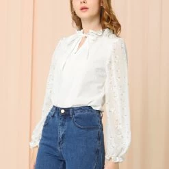 Allegra K Women's Tie Neck Floral Peasant Long Sleeve Blouse Top