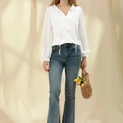 Allegra K Women's Tie Neck Floral Peasant Long Sleeve Blouse Top