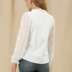 Allegra K Women's Tie Neck Floral Peasant Long Sleeve Blouse Top