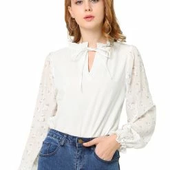 Allegra K Women's Tie Neck Floral Peasant Long Sleeve Blouse Top