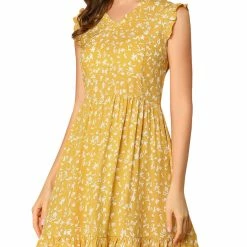 Allegra K Women's Floral Print V Neck A-Line Sleeveless Ruffle Mini Dress