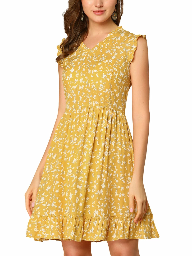 Allegra K Women's Floral Print V Neck A-Line Sleeveless Ruffle Mini Dress 4 Allegra K Women's Floral Print V Neck A-Line Sleeveless Ruffle Mini Dress