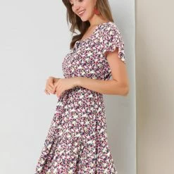 Allegra K Women's Flutter Sleeve Elastic Waist Swing Ruffle Hem Floral Dress