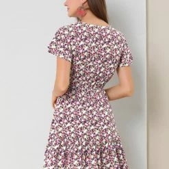 Allegra K Women's Flutter Sleeve Elastic Waist Swing Ruffle Hem Floral Dress