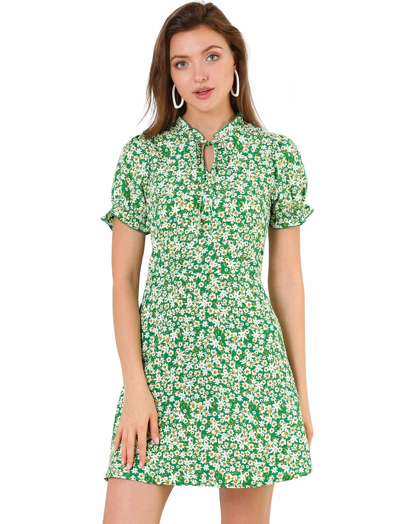 Allegra K Women's Ditsy Floral Ruffled Vintage Puff Sleeve Flare Mini Dress 9 Allegra K Women's Ditsy Floral Ruffled Vintage Puff Sleeve Flare Mini Dress