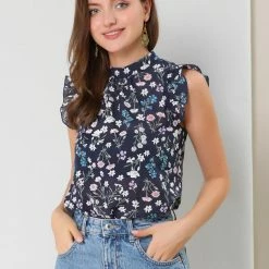 Allegra K Women's Floral Sleeveless Blouses Stand Collar Summer Ruffle Tops