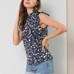 Allegra K Women's Floral Sleeveless Blouses Stand Collar Summer Ruffle Tops