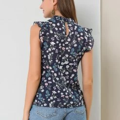 Allegra K Women's Floral Sleeveless Blouses Stand Collar Summer Ruffle Tops