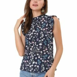 Allegra K Women's Floral Sleeveless Blouses Stand Collar Summer Ruffle Tops