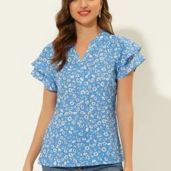 Allegra K Women's Floral Print Top Tiered Sleeve Button Down V Neck Casual Blouse