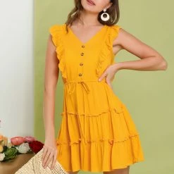 Allegra K Women's Ruffle Trim Sleeve V Neck Button Front Above Knee Casual Dress