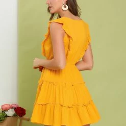 Allegra K Women's Ruffle Trim Sleeve V Neck Button Front Above Knee Casual Dress