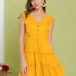 Allegra K Women's Ruffle Trim Sleeve V Neck Button Front Above Knee Casual Dress