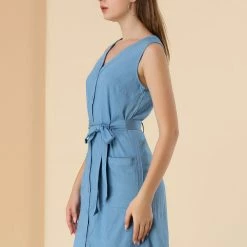 Allegra K Women's V Neck Sleeveless Button Up Split Above The Knee Dress With Belt