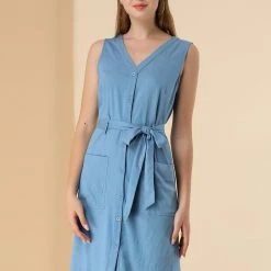 Allegra K Women's V Neck Sleeveless Button Up Split Above The Knee Dress With Belt